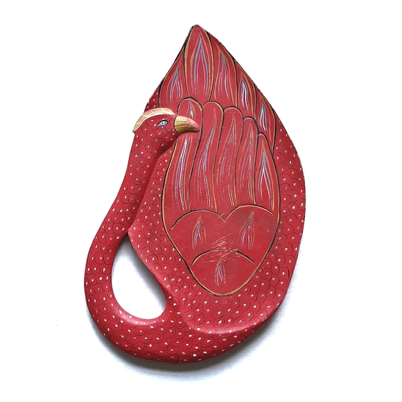 Red Peacock Bird Decorative Wood Folk Art